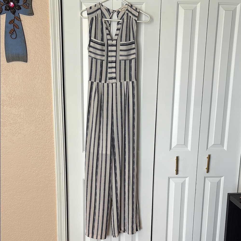 Monteau Black and White Striped Jumpsuit with Wide-Leg Design